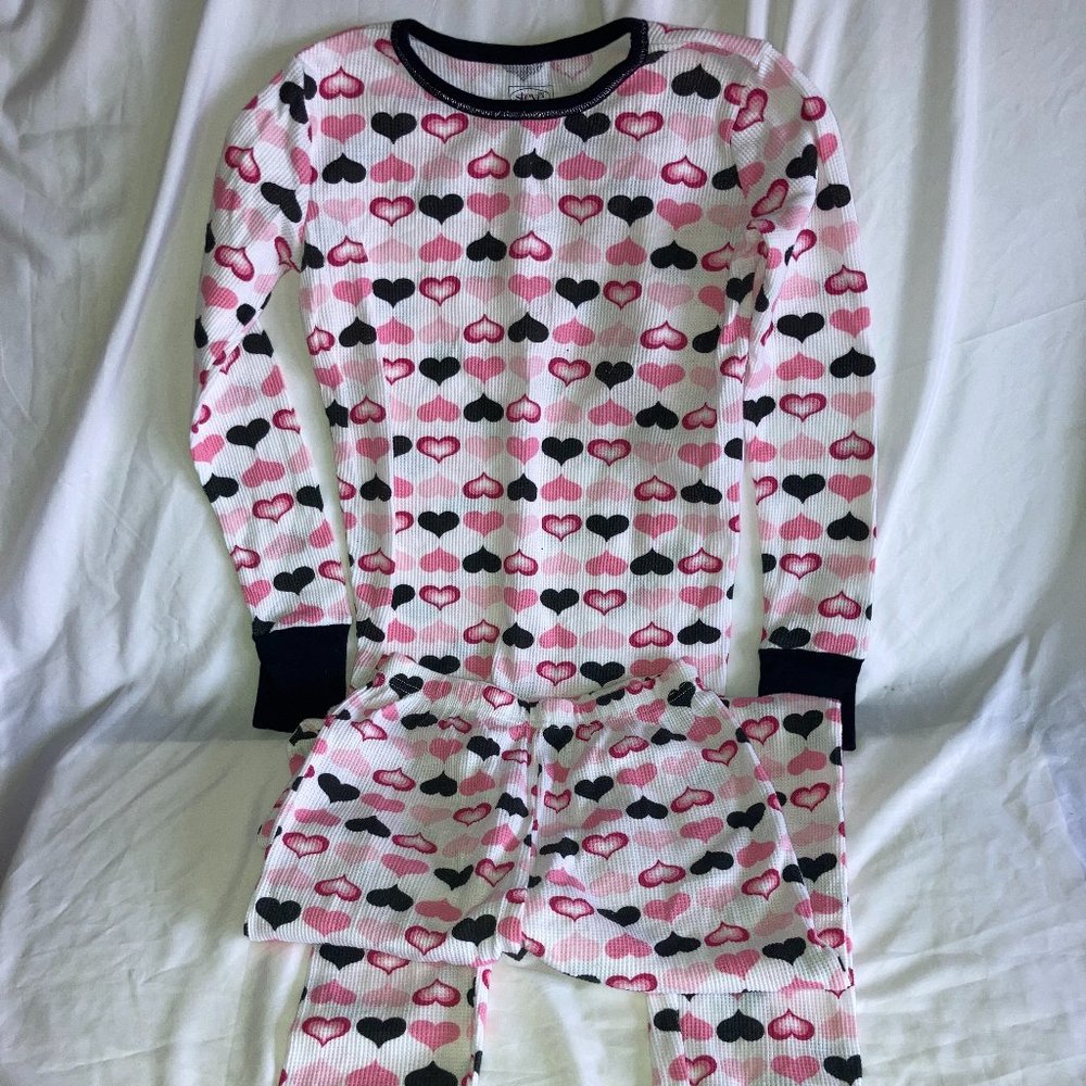 NWOT - Girls Pajama Set by Steve Sz XL 14/16 Pink & Black Hearts Waffle